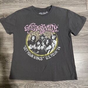Aerosmith Get Your Wings US Tour 74 Graphic Charcoal Gray T Shirt Mens L Cotton